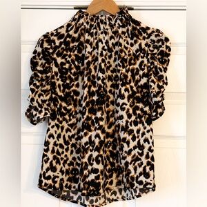 THML Cheetah Ruched Sleeve Mock Neck Top Small